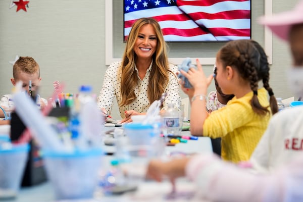 First lady Melania Trump visits patients at Children's National Hospital, Thursday, July 3, 2025, in Washington. (AP Photo/Julia Demaree Nikhinson)