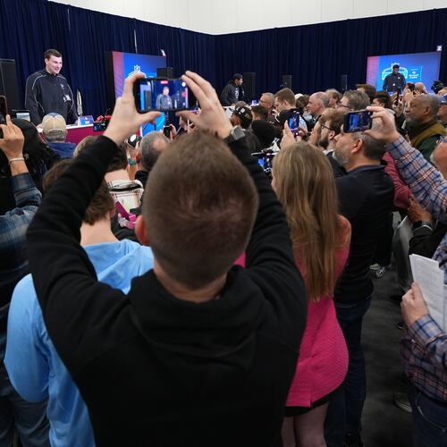 Indiana quarterback Fernando Mendoza, speaks during a news conference at the NFL football scouting combine in Indianapolis, Friday, Feb. 27, 2026. (AP Photo/Julio Cortez)
