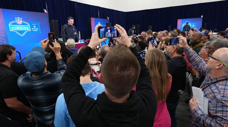 Indiana quarterback Fernando Mendoza, speaks during a news conference at the NFL football scouting combine in Indianapolis, Friday, Feb. 27, 2026. (AP Photo/Julio Cortez)