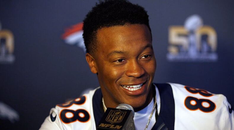 Demaryius Thomas, at Super Bowl 50 in Santa Clara, Calif., last February, had particular reason to smile Wednesday. (Photo by Ezra Shaw/Getty Images)