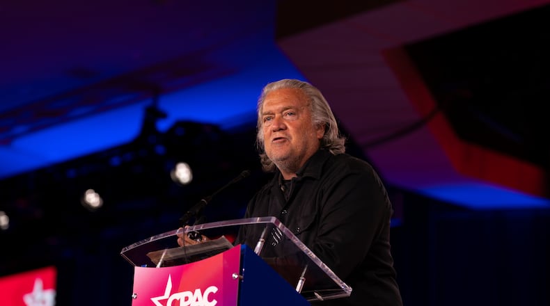 Steve Bannon speaks at the Conservative Political Action Conference, CPAC, in Dallas, Friday, March 27, 2026. (AP Photo/Gabriela Passos)