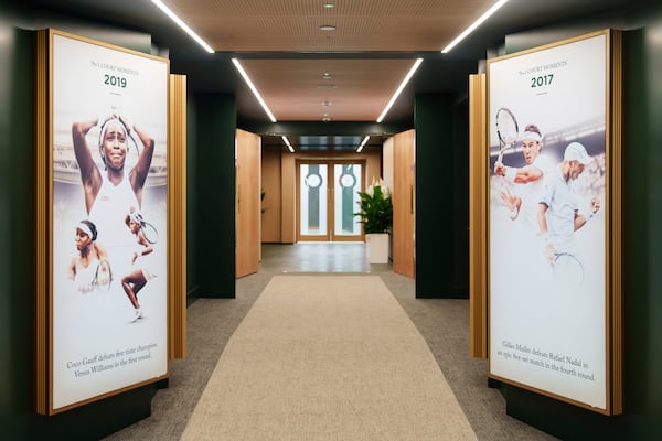 A view of the No. 1 Court player walk-on entrance at the All England Lawn Tennis Club in Wimbledon, London, Wednesday July 2, 2025. (AELTC/Ben Queenborough via AP)