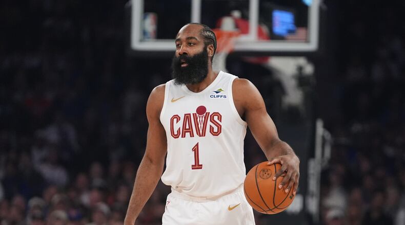 FILE - Cleveland Cavaliers' James Harden during the first half of Game 2 in the Eastern Conference finals NBA basketball playoffs series against the New York Knicks, May 21, 2026, in New York. (AP Photo/Frank Franklin II, File)