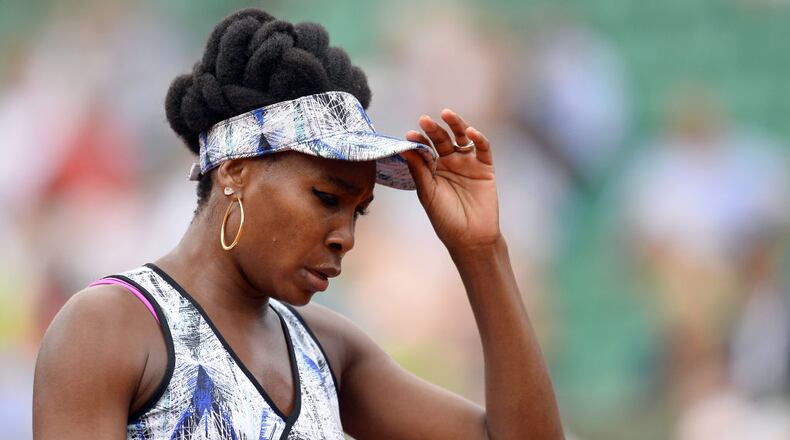 Venus Williams of the United States of America reacts during her Women's single match against Elise Mertens of Belgium on day six of the 2017 French Open at Roland Garros on June 02, 2017 in Paris, France. (Photo by Aurelien Meunier/Getty Images)