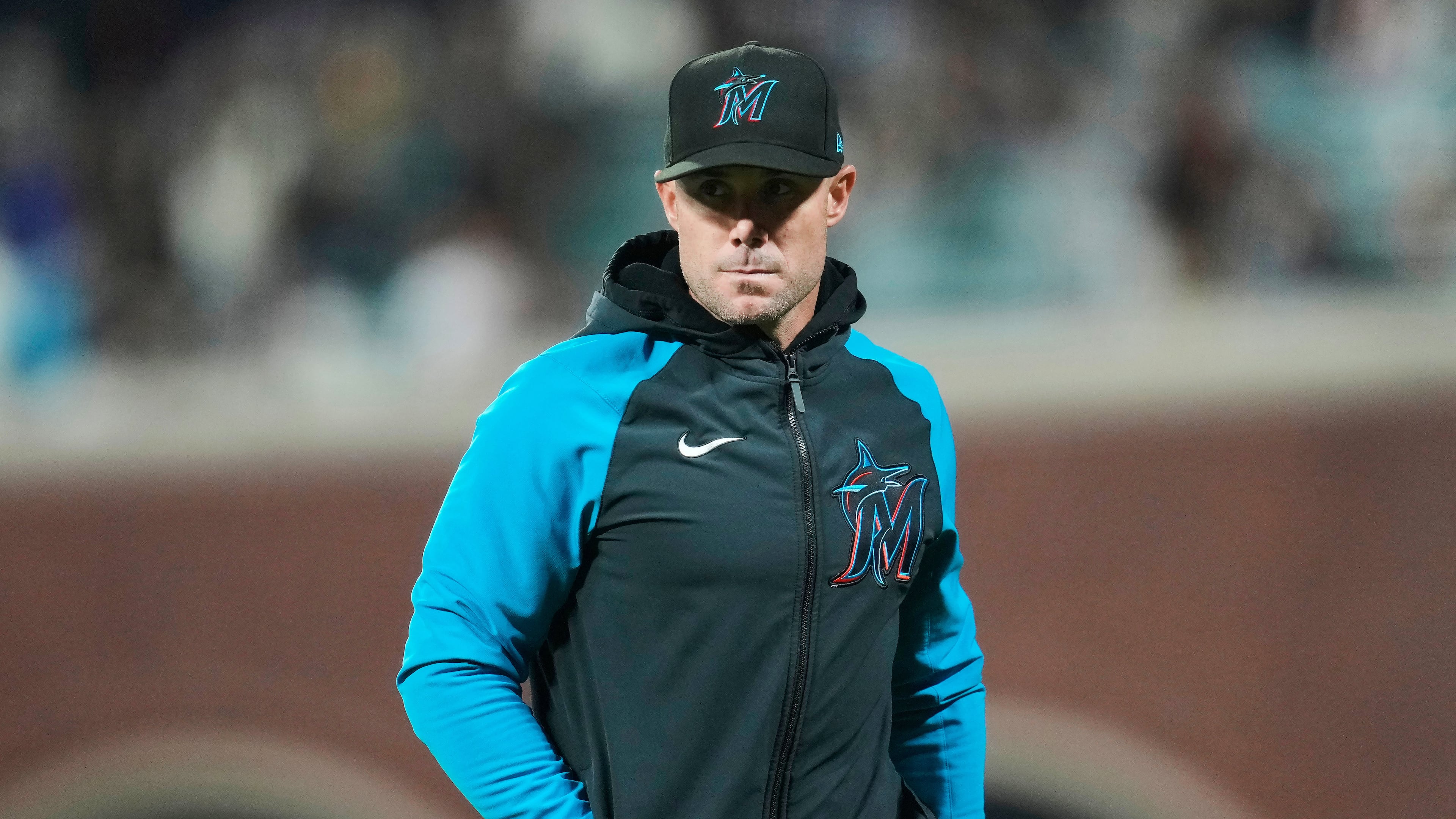 FILE - Miami Marlins manager Skip Schumaker walks off the field during the third inning of a baseball game against the San Francisco Giants= in San Francisco, Friday, Aug. 30, 2024. (AP Photo/Jeff Chiu, File)