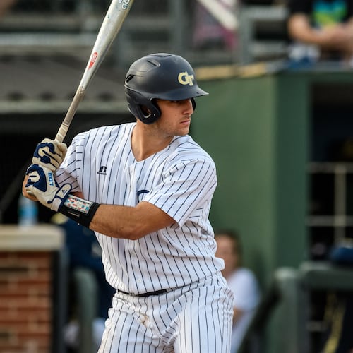 Georgia Tech catcher Joey Bart at the plate Feb. 17, 2017 at home against BYU. (Photo by Georgia Tech Athletics/Danny Karnik)