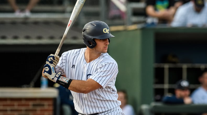 Georgia Tech catcher Joey Bart at the plate Feb. 17, 2017 at home against BYU. (Photo by Georgia Tech Athletics/Danny Karnik)