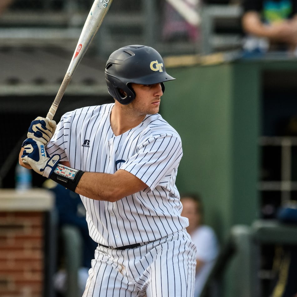Georgia Tech catcher Joey Bart at the plate Feb. 17, 2017 at home against BYU. (Photo by Georgia Tech Athletics/Danny Karnik)