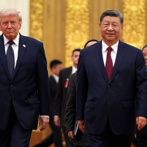 FILE - President Donald Trump, left, and Chinese President Xi Jinping arrive during a state dinner at the Great Hall of the People, May 14, 2026, in Beijing. (AP Photo/Mark Schiefelbein, File)