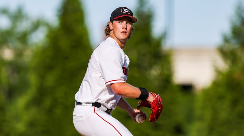 Georgia pitcher Davis Rokose (55) prepares to deliver a pitch in a game against Presbyterian College at Foley Field in Athens on Tuesday, May 17, 2022. (Photo by Tony Walsh/UGA Athletics)