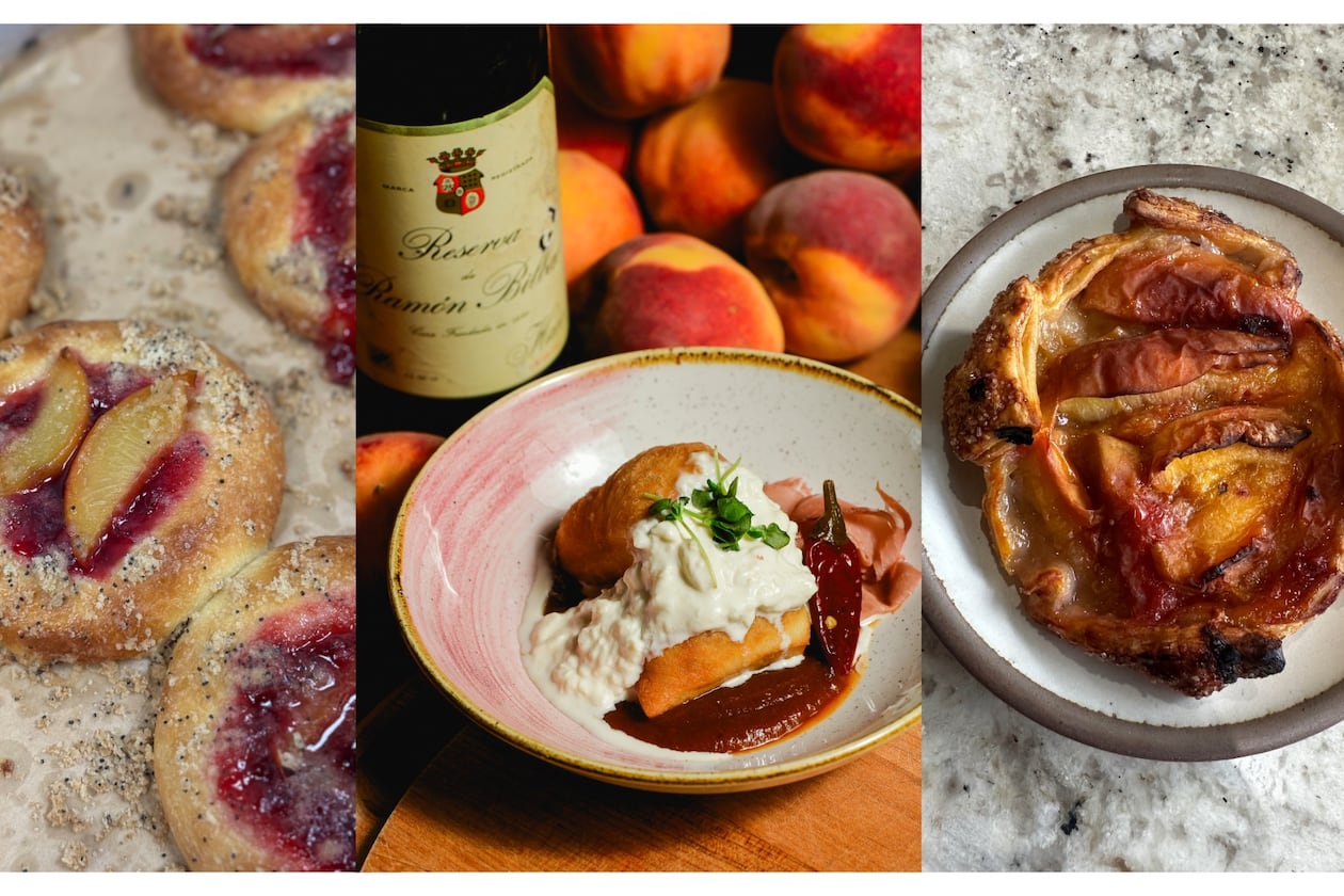 A triptych of photos of peach dishes, from left: a tray of brioche buns filled with baked peaches; a peach dessert with whipped cream sits in a bowl in front of a bottle of wine flanked by a pile of peaches; and a top-down view of a peach pastry.