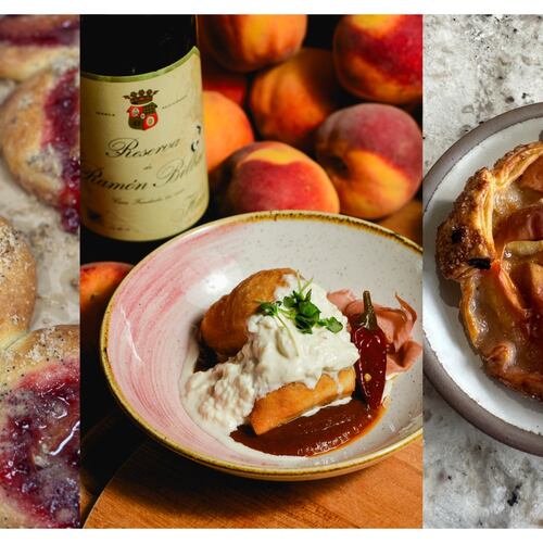 A triptych of photos of peach dishes, from left: a tray of brioche buns filled with baked peaches; a peach dessert with whipped cream sits in a bowl in front of a bottle of wine flanked by a pile of peaches; and a top-down view of a peach pastry.