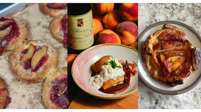 A triptych of photos of peach dishes, from left: a tray of brioche buns filled with baked peaches; a peach dessert with whipped cream sits in a bowl in front of a bottle of wine flanked by a pile of peaches; and a top-down view of a peach pastry.