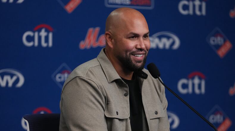 FILE - Carlos Beltran speaks during a news conference before a baseball game between the New York Mets and the Arizona Diamondbacks Tuesday, April 7, 2026, in New York. (AP Photo/Frank Franklin II, File)