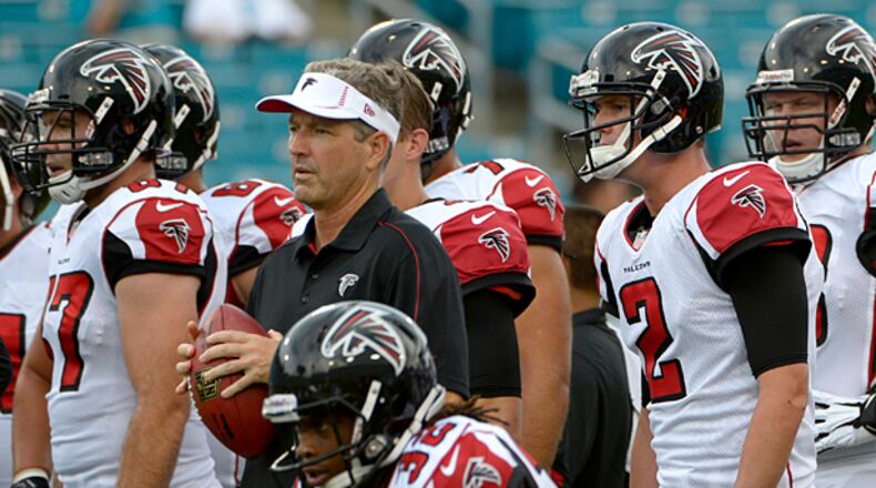 Falcons offensive coordinator Dirk Koetter, second from left.
