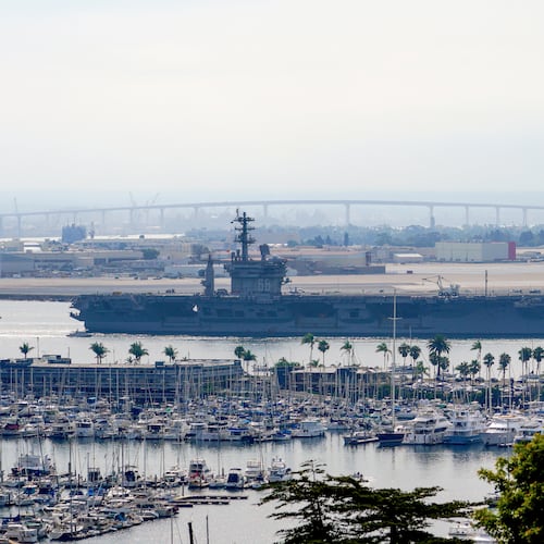FILE - The USS Nimitz (CVN 68) departs San Diego Bay, Aug. 19, 2023, at Mission Beach, in San Diego. (Nelvin C. Cepeda/The San Diego Union-Tribune via AP, File)