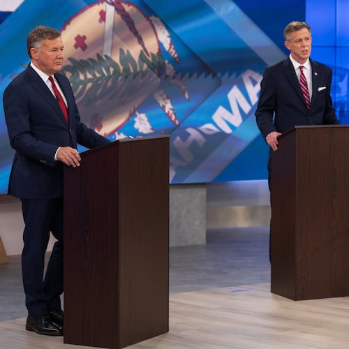 Oklahoma Republican gubernatorial candidates Gentner Drummond, left, and Mike Mazzei verbally spar at a televised debate in Tulsa, Okla., Aug. 3, 2026. (Jake Ramsey/Oklahoma Watch via AP)