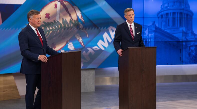 Oklahoma Republican gubernatorial candidates Gentner Drummond, left, and Mike Mazzei verbally spar at a televised debate in Tulsa, Okla., Aug. 3, 2026. (Jake Ramsey/Oklahoma Watch via AP)