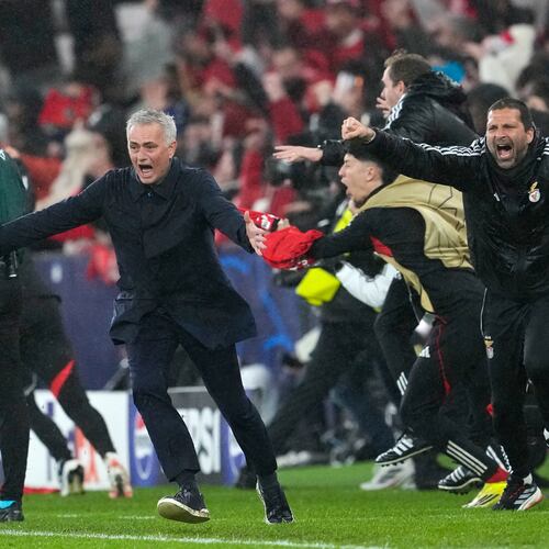 Benfica's head coach Jose Mourinho runs celebrating at the end of a Champions League opening phase soccer match between Benfica and Real Madrid, in Lisbon, Wednesday, Jan. 28, 2026. (AP Photo/Armando Franca)