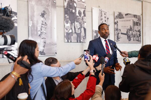 Atlanta Mayor Andre Dickens speaks to the media following the ribbon cutting ceremony for the Atlanta Public Safety Training Center’s grand opening on Tuesday, April 29, 2025. (Natrice Miller/AJC)