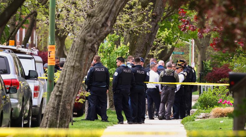 Police officers work the scene outside Endeavor Health Swedish Hospital in Lincoln Square, on Saturday, April 25, 2026. (Anthony Vazquez/Chicago Sun-Times via AP)