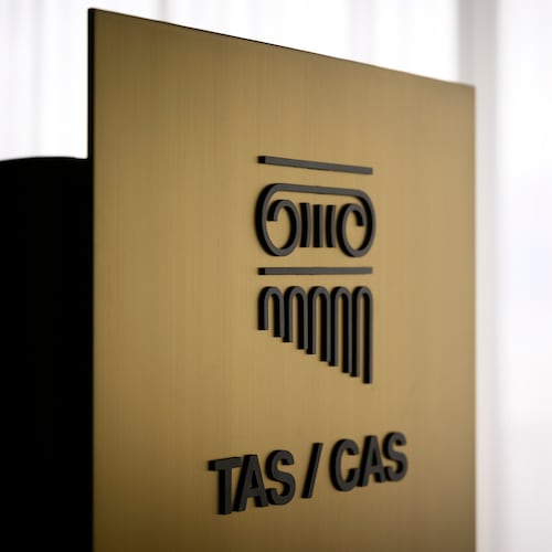 FILE - A TAS/CAS logo is pictured during the inauguration of the new headquarters of the international Court of Arbitration for Sport, CAS, at the Palais de Beaulieu in Lausanne, Switzerland, Monday, June 27, 2022. (Laurent Gillieron/Keystone via AP, File)