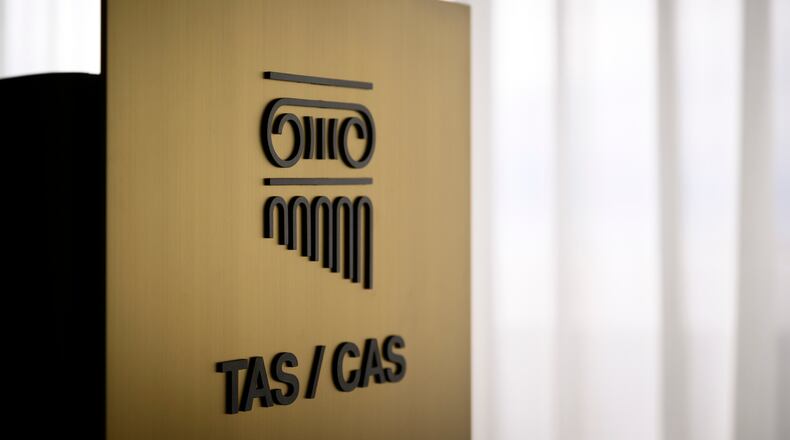 FILE - A TAS/CAS logo is pictured during the inauguration of the new headquarters of the international Court of Arbitration for Sport, CAS, at the Palais de Beaulieu in Lausanne, Switzerland, Monday, June 27, 2022. (Laurent Gillieron/Keystone via AP, File)