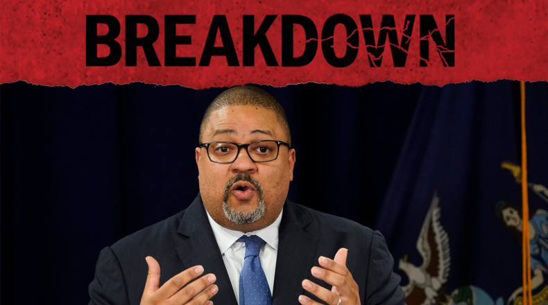 In the latest episode of 'Breakdown,' the group dissects the 34-count felony indictment and recounts the surreal scene surrounding Trump’s surrender at the Manhattan courthouse. (AP Photo/John Minchillo)