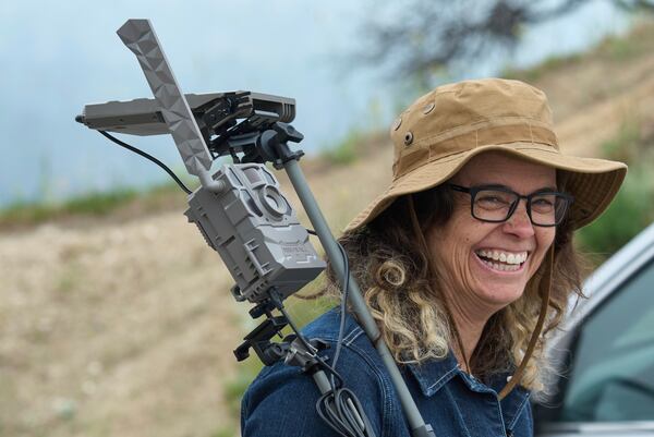 Kristen Ochoa, the founder of the Chaney Trail Corridor Project, smiles as she installs a newly donated cell trail camera at the Chaney Trail Corridor, an area affected by the Eaton Fire, in Altadena, Calif., on Wednesday, April 23, 2025. (AP Photo/Damian Dovarganes)