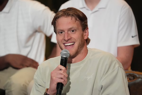 FILE - Grant House speaks during a players' association for college athletes meeting ahead of the college football's national title game, Saturday, Jan. 18, 2025, in Atlanta. (AP Photo/Brynn Anderson, File)