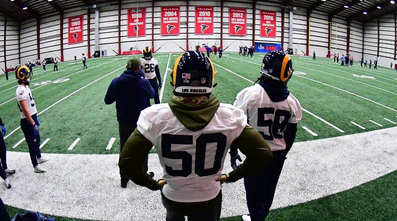 Samson Ebukam (50) of the Los Angeles Rams watches practice for Super Bowl LIII at the Atlanta Falcons Training Facility on January 30, 2019 in Flowery Branch, Georgia. (Photo by Scott Cunningham/Getty Images)