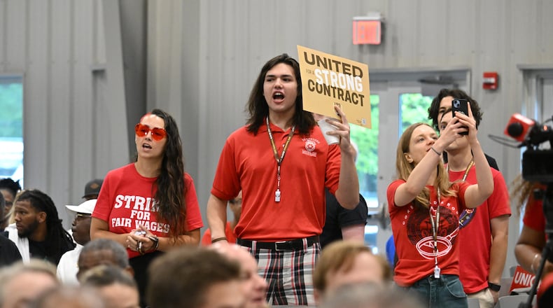 Rally participants cheer during a rally just days before high-stakes contract talks with UPS are set to resume, at Teamsters Local 728, Saturday, July 22, 2023, in Atlanta. The head of the International Brotherhood of Teamsters revved up the union’s membership in Atlanta on Saturday at a rally just days before high-stakes contract talks with UPS are set to resume. (Hyosub Shin / Hyosub.Shin@ajc.com)