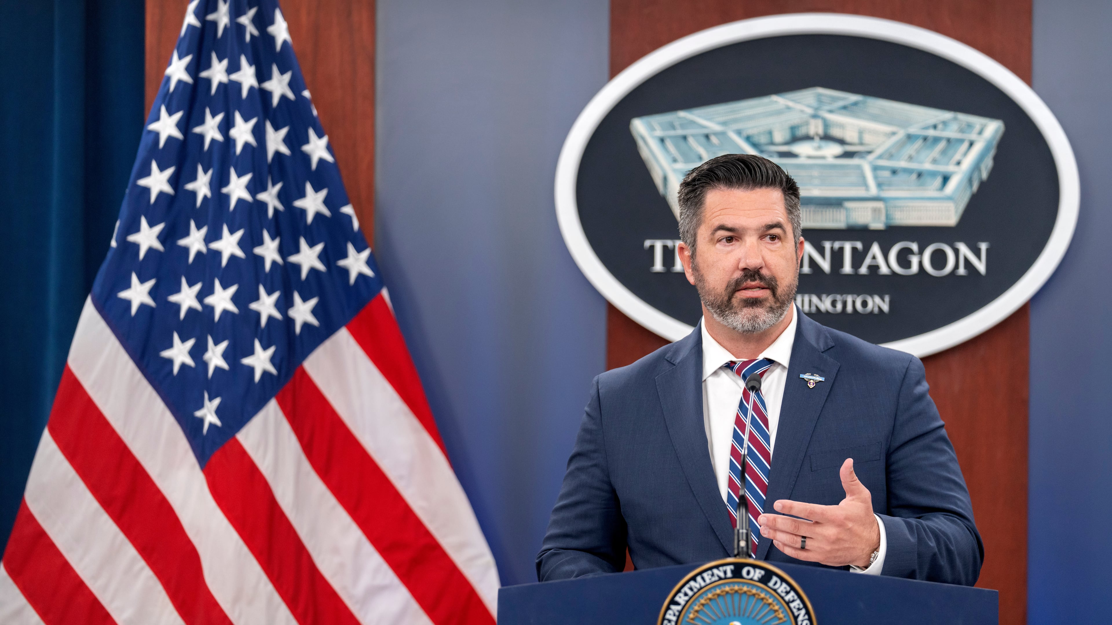 FILE - Pentagon spokesman Sean Parnell speaks during a press briefing at the Pentagon, Wednesday, July 2, 2025, in Washington. (AP Photo/Mark Schiefelbein, File)