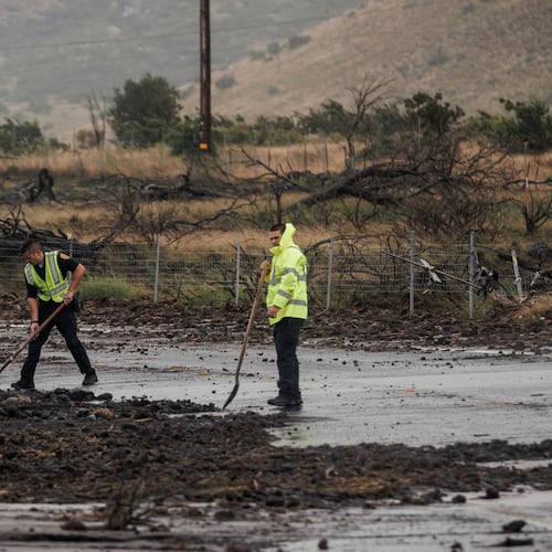 Police remove debris strewn across Daniel K. Inouye Highway by Hurricane Lala near Waimea, Hawaii, Sunday, Aug. 16, 2026. (Stephen Lam/San Francisco Chronicle via AP)