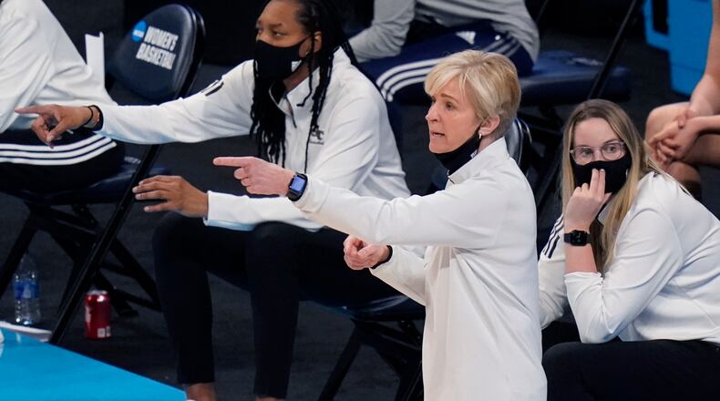 Georgia Tech head coach Nell Fortner gives direction to her team during the Sweet Sixteen round of the women's NCAA Tournament against South Carolina Sunday, March 28, 2021, at the Alamodome in San Antonio. (Eric Gay/AP)