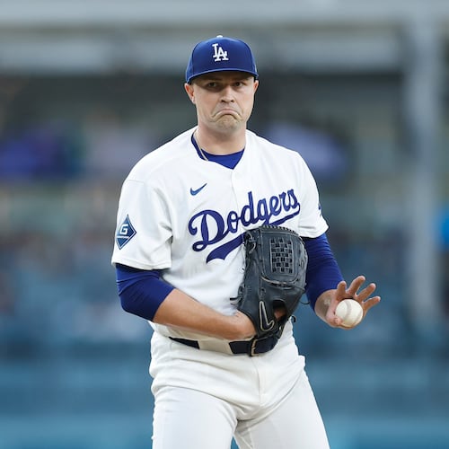 Los Angeles Dodgers starting pitcher Tarik Skubal reacts between batters during the first inning of a baseball game against the Kansas City Royals, Monday, Aug. 10, 2026, in Los Angeles. (AP Photo/Caroline Brehman)
