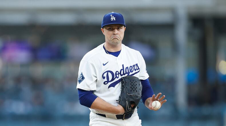 Los Angeles Dodgers starting pitcher Tarik Skubal reacts between batters during the first inning of a baseball game against the Kansas City Royals, Monday, Aug. 10, 2026, in Los Angeles. (AP Photo/Caroline Brehman)