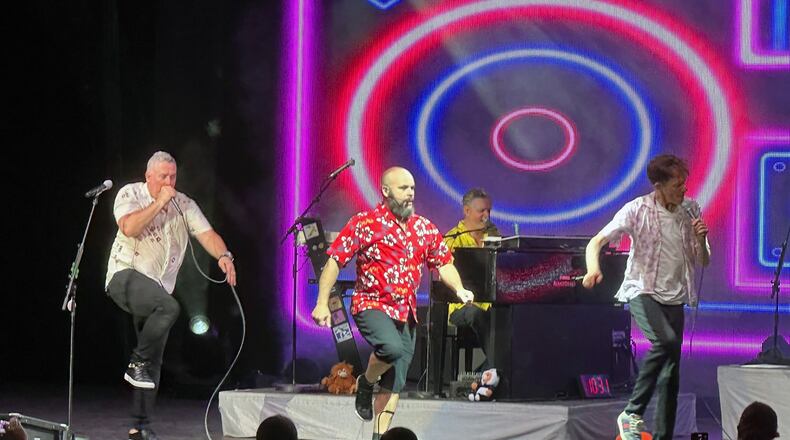 The Barenaked Ladies show off their sick dance moves near the end of their Atlanta concert at Chastain June 20, 2023. RODNEY HO/rho@ajc.com