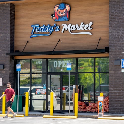 A customer exits Teddy's Market on Prominence Point Parkway in Holly Springs on Tuesday, May 5, 2026. (Ben Hendren for the AJC)