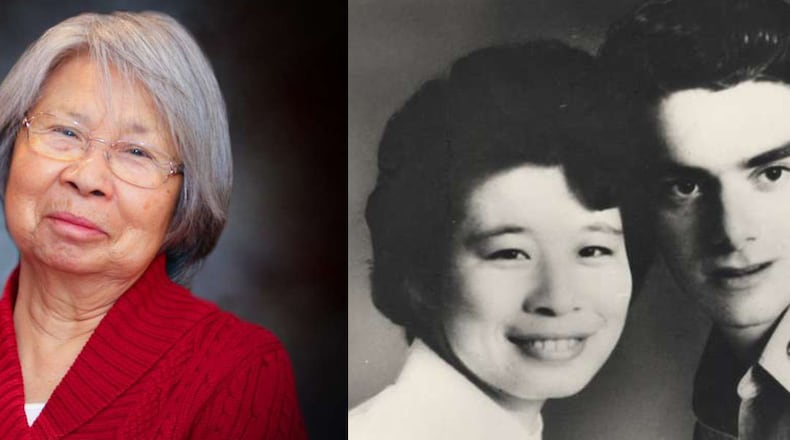 At left, Ok Hui Smith in an undated family photo. At right, Smith and her husband Thomas; they were married for 50 years.