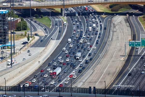 Traffic forms on the downtown connector as viewed from Ten Twenty Spring in Atlanta on Aug. 26, 2026. (Arvin Temkar/AJC)