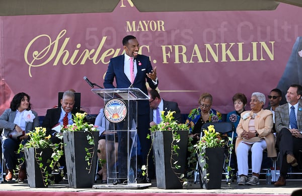 Atlanta mayor Andre Dickens speaks during “Unveiling of Shirley Clarke Franklin Park” event, Thursday, March 28, 2025, in Atlanta. The city’s 58th mayor was officially honored with the unveiling of Shirley Clarke Franklin Boulevard on a portion of Central Avenue SW, and the renaming of Westside Reservoir Park to Shirley Clarke Franklin Park. (Hyosub Shin / AJC)