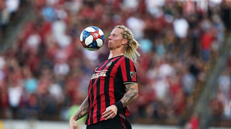 June 10, 2019 Kennesaw- Brek Shea, 20, defender for Atlanta United, chests the ball during the first half of a match between Atlanta United and Saint Louis FC at Kennesaw State University in Kennesaw, Georgia on Wednesday, July 10, 2019. Atlanta United and Saint Louis were tied 0-0 at the end of the first half. Christina Matacotta/Christina.Matacotta@ajc.com