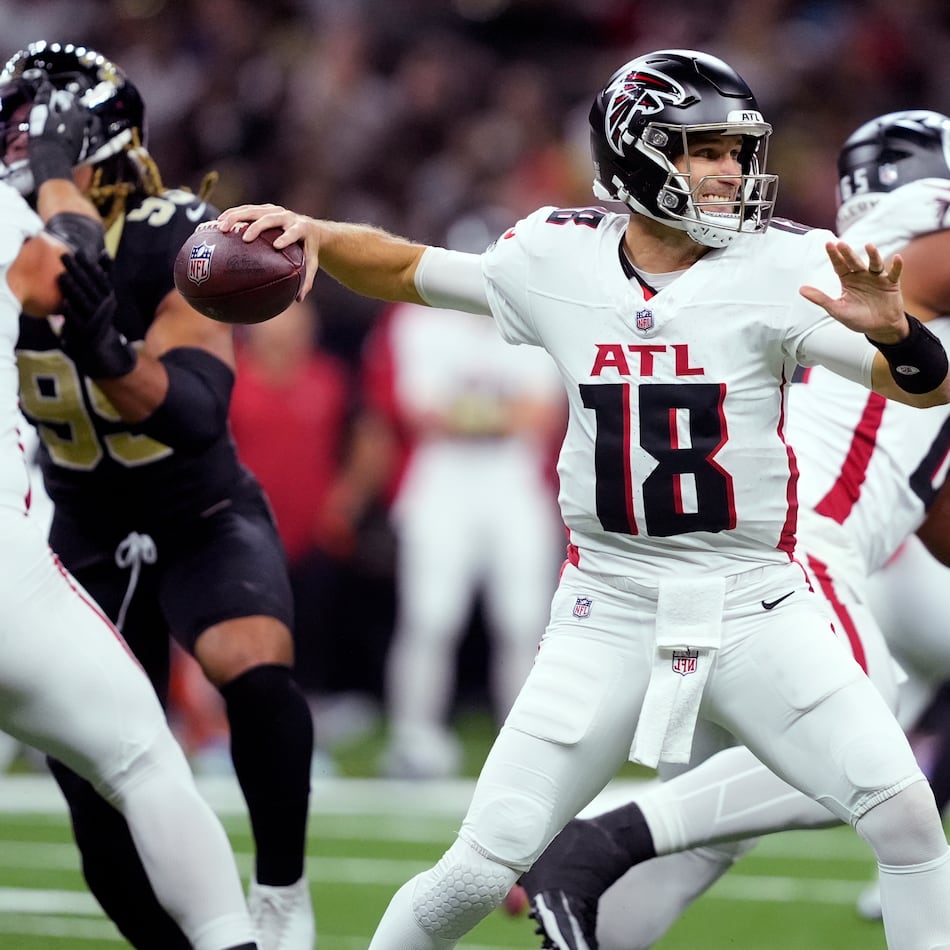 Atlanta Falcons quarterback Kirk Cousins drops back to pass against the New Orleans Saints in the first half of an NFL football game, Sunday, Nov. 23, 2025, in New Orleans. (Gerald Herbert/AP)