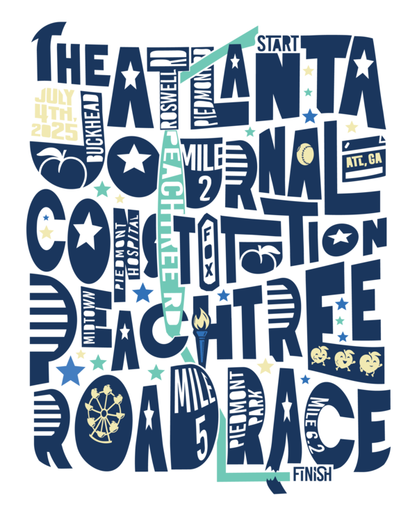'On the Move' by Beckie Dominick is one of the five finalists for the 2025 AJC Peachtree Road Race T-shirt.