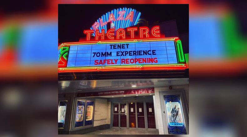 The Plaza's new marquee announced it is reopening to show "Tenet."