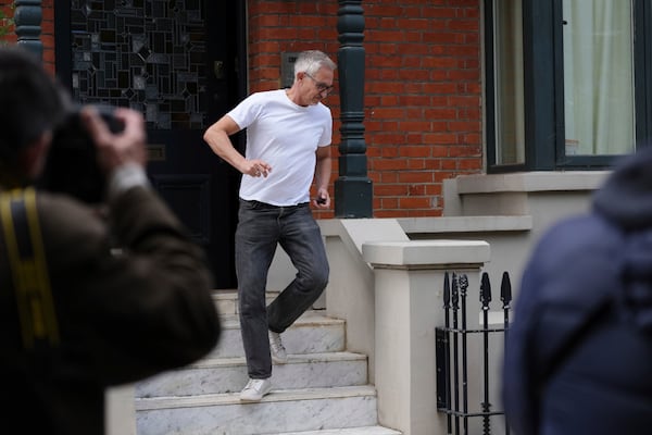 Gary Lineker, fomer England soccer player-turned-media celebrity, leaves his home in London, Monday May 19, 2025. (Ben Whitley/PA via AP)