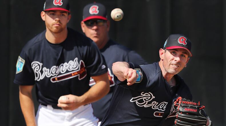 Braves pitcher Brandon McCarthy delivers a pitch while working with catchers on Friday, Feb 16, 2018, at the ESPN Wide World of Sports Complex in Lake Buena Vista, Fla. Curtis Compton/ccompton@ajc.com
