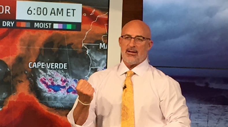 Jim Cantore in August, 2016 at "AMHQ." CREDIT: Rodney Ho/ rho@ajc.com