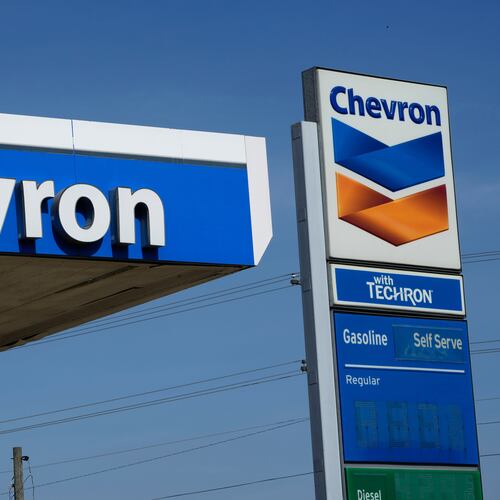FILE - Chevron logos are displayed at a gas station in Columbus, Miss., Monday, Oct. 23, 2023.(AP Photo/Rogelio V. Solis, File)